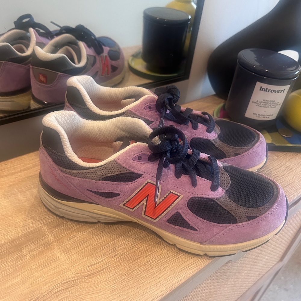 New Balance Lavender & Navy Athletic Sneakers with Orange Logo